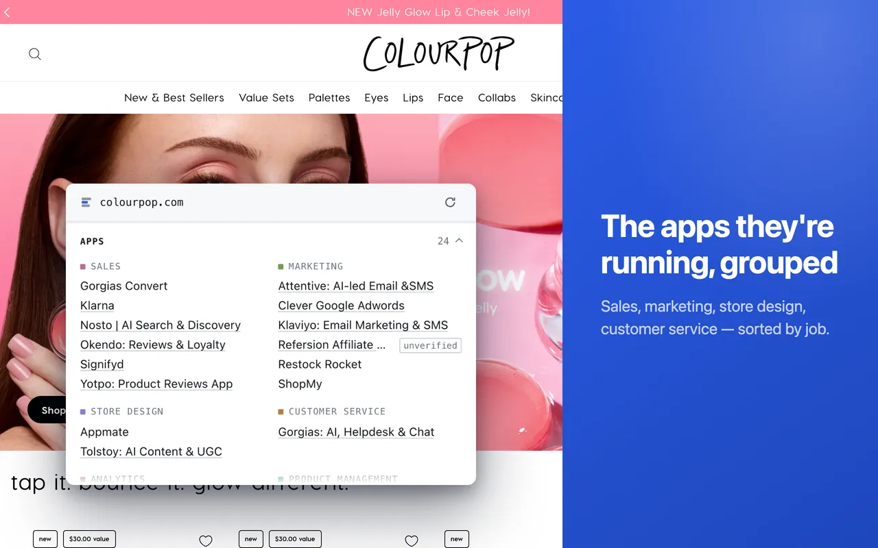 App detection — the apps found on the page, grouped by job: sales, marketing, store design, customer service.