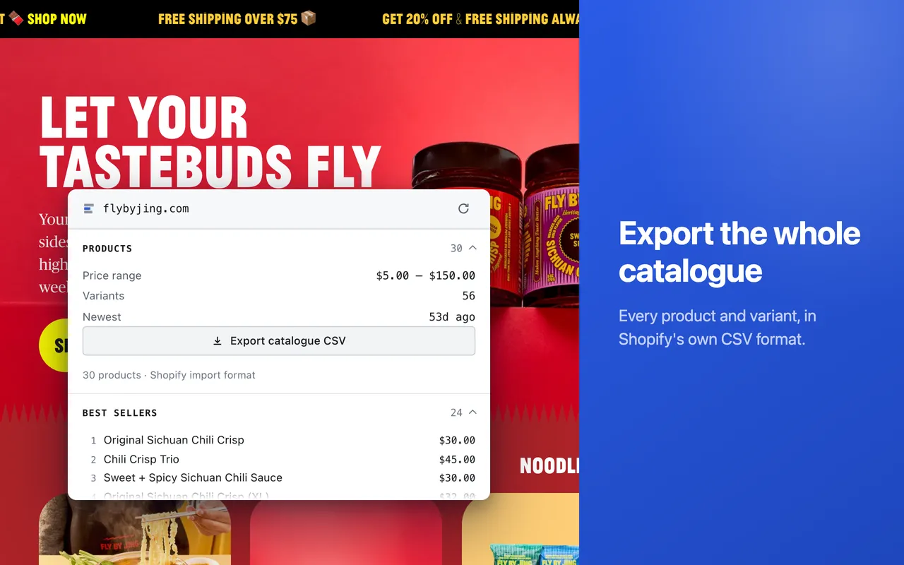 Catalogue export — the products panel offering the store's public catalogue as a CSV in Shopify's own import format.