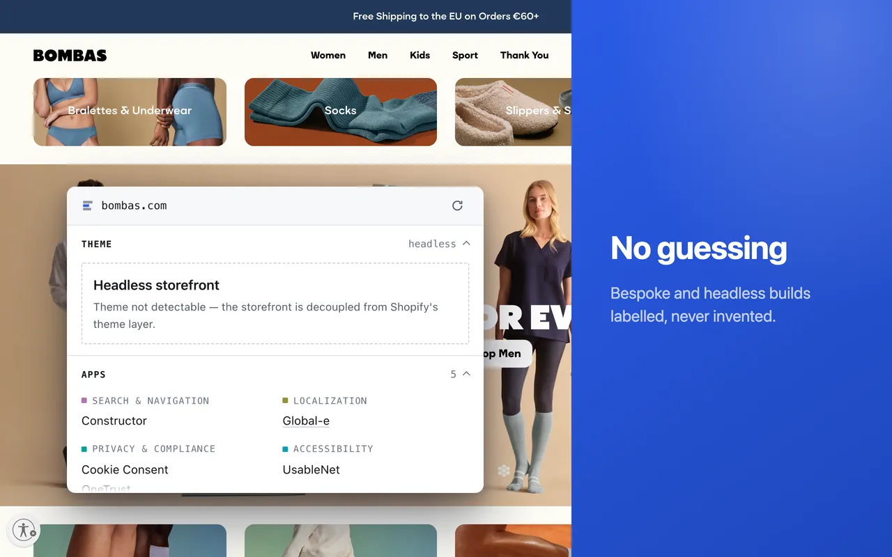 Honest labelling — a bespoke build shown as custom and a headless storefront shown as headless, rather than a guessed theme name.